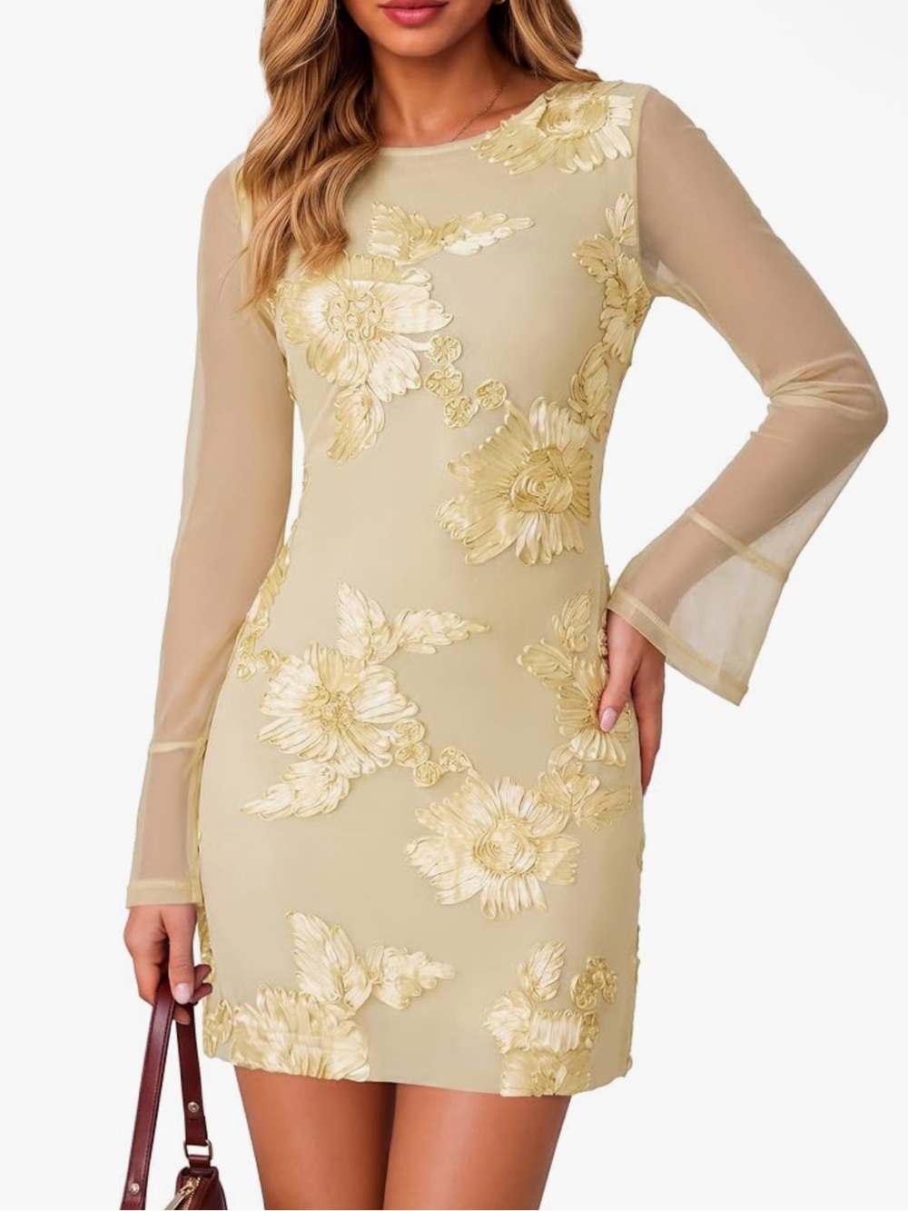 Simplee Butter Yellow Floral Dress with Sheer Long Sleeves